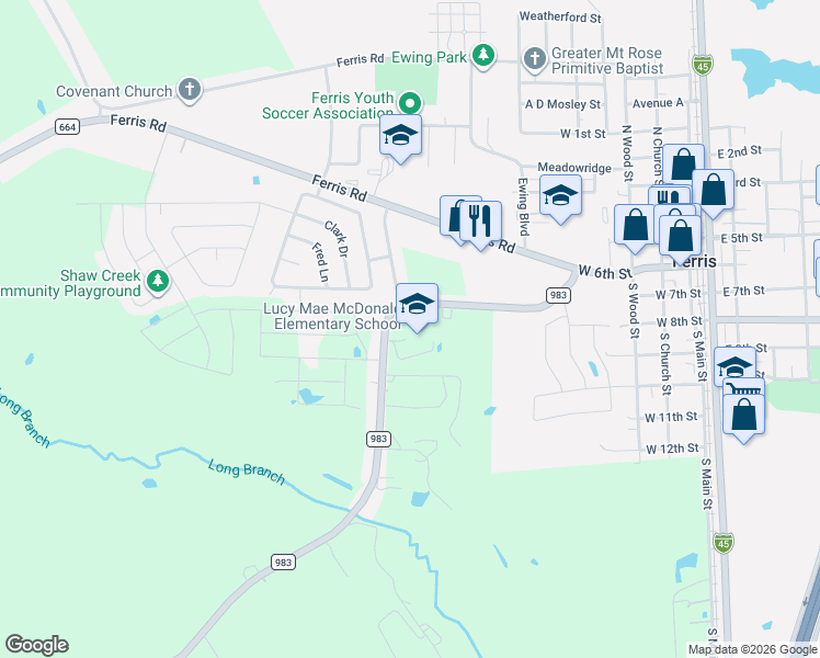 map of restaurants, bars, coffee shops, grocery stores, and more near 338-438 Farm to Market 983 in Ferris