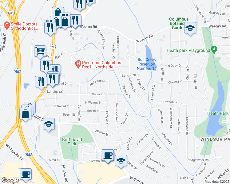 map of restaurants, bars, coffee shops, grocery stores, and more near 3025 Vultee Drive in Columbus