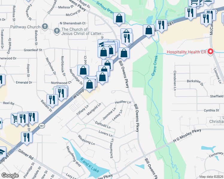 map of restaurants, bars, coffee shops, grocery stores, and more near 1115 Insignia Way in Longview