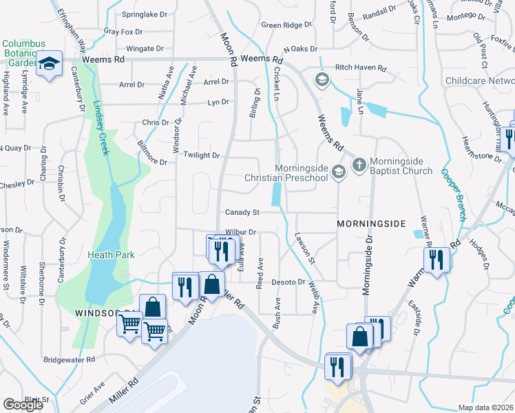 map of restaurants, bars, coffee shops, grocery stores, and more near 4119 Canady Street in Columbus