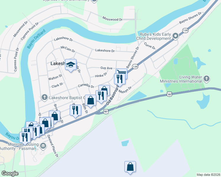 map of restaurants, bars, coffee shops, grocery stores, and more near 104 McCoy Street in Monroe
