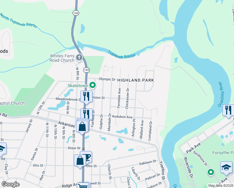 map of restaurants, bars, coffee shops, grocery stores, and more near 402 Maridale Drive in West Monroe