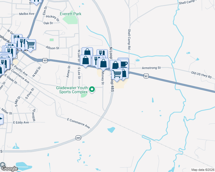 map of restaurants, bars, coffee shops, grocery stores, and more near South Loop 485 in Gladewater