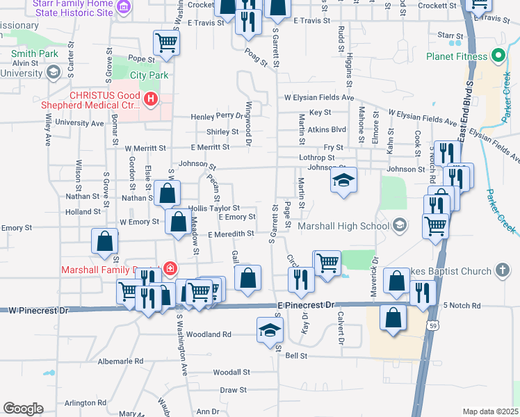 map of restaurants, bars, coffee shops, grocery stores, and more near 1500 Wingwood Drive in Marshall