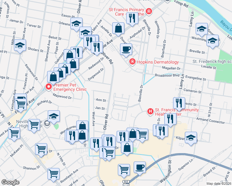 map of restaurants, bars, coffee shops, grocery stores, and more near 2001-2099 Oliver Rd in Monroe