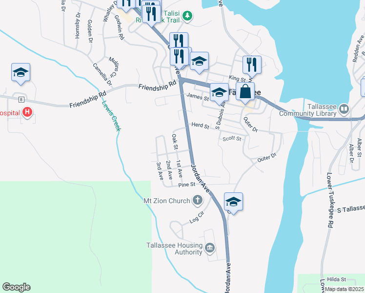 map of restaurants, bars, coffee shops, grocery stores, and more near 310 Jordan Avenue in Tallassee