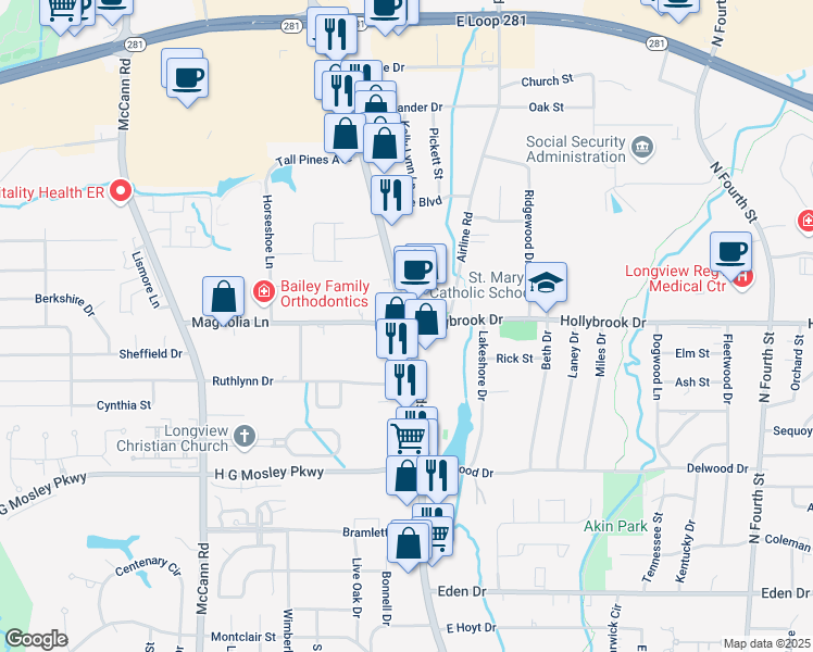 map of restaurants, bars, coffee shops, grocery stores, and more near The Village in Longview