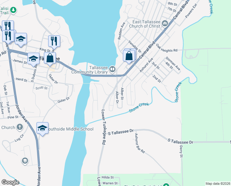 map of restaurants, bars, coffee shops, grocery stores, and more near 15 Alber Drive in Tallassee