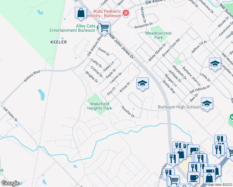 map of restaurants, bars, coffee shops, grocery stores, and more near 1420 Krista Drive in Burleson