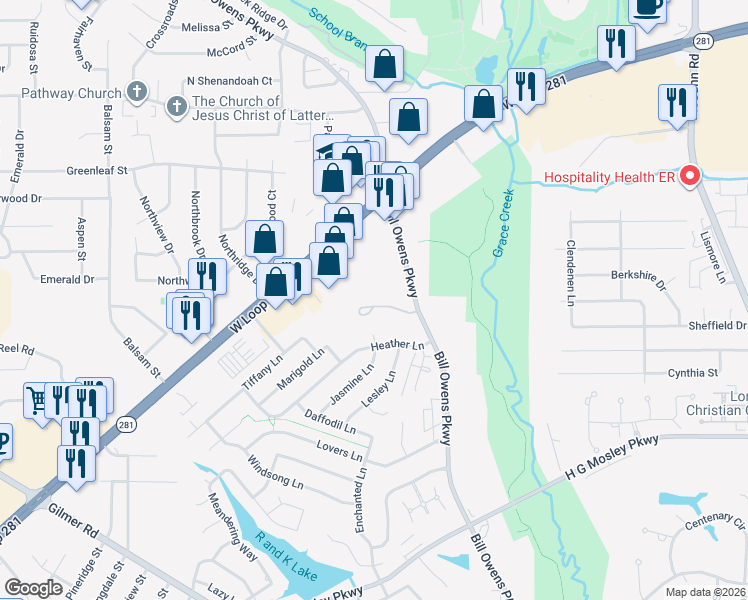 map of restaurants, bars, coffee shops, grocery stores, and more near 1115 Insignia Way in Longview