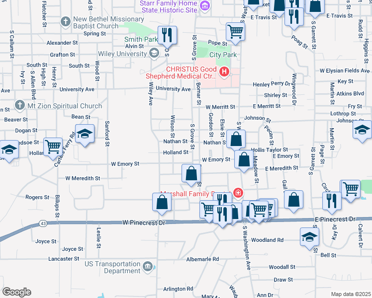 map of restaurants, bars, coffee shops, grocery stores, and more near 505 Holland Street in Marshall