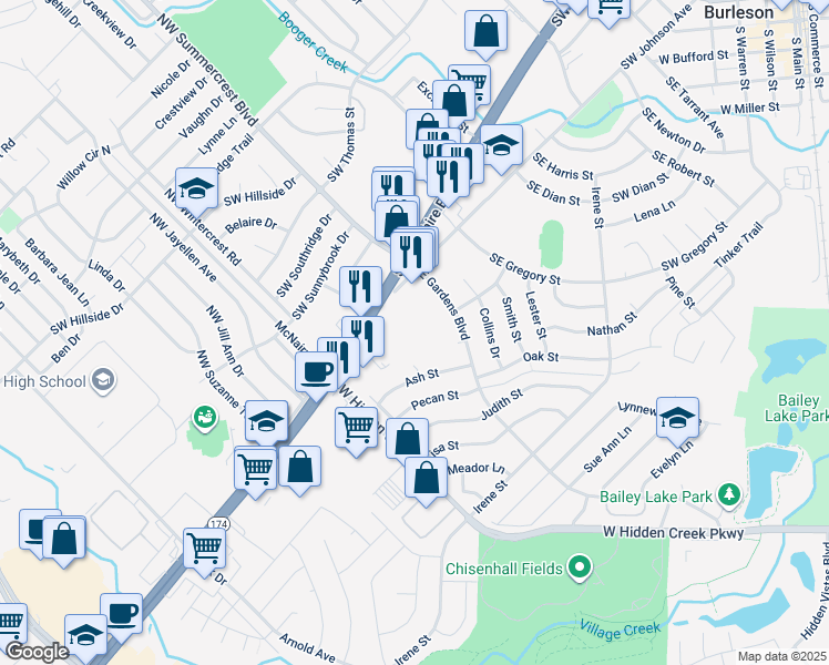 map of restaurants, bars, coffee shops, grocery stores, and more near 100 Southeast Gardens Boulevard in Burleson