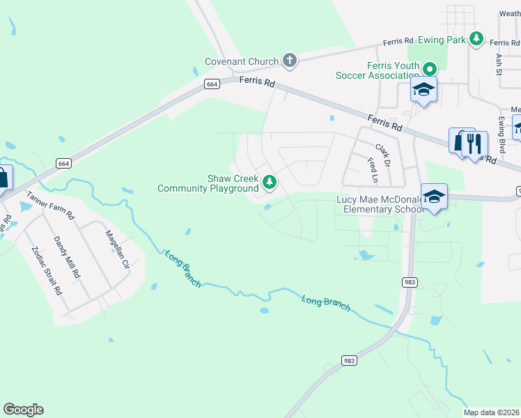 map of restaurants, bars, coffee shops, grocery stores, and more near 314 Jennie Marie Circle in Ferris