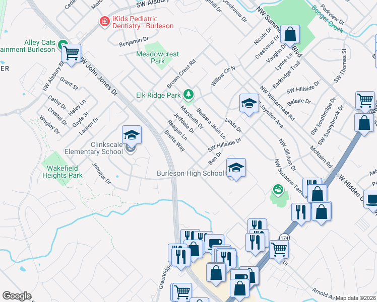 map of restaurants, bars, coffee shops, grocery stores, and more near 416 Bretts Way in Burleson