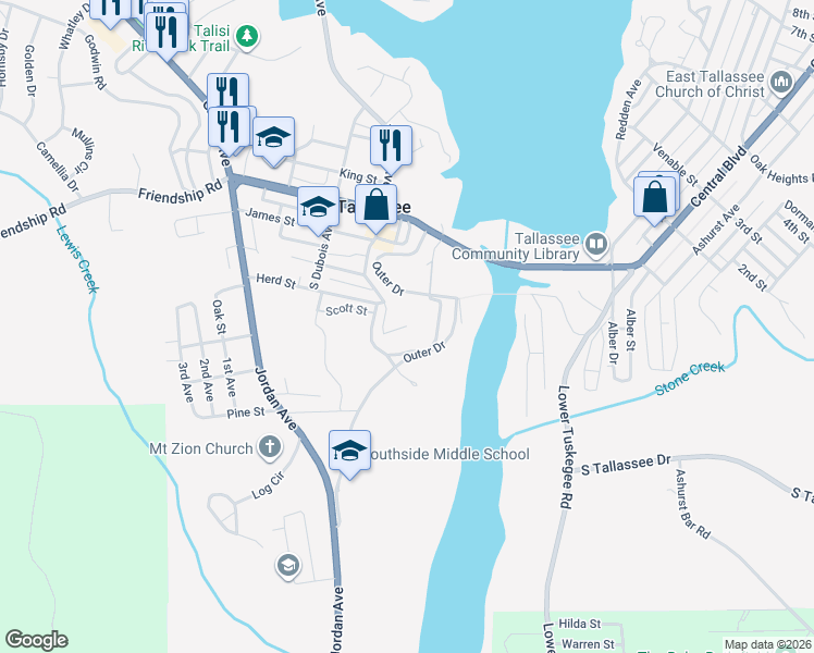 map of restaurants, bars, coffee shops, grocery stores, and more near 298 Cliff Street in Tallassee