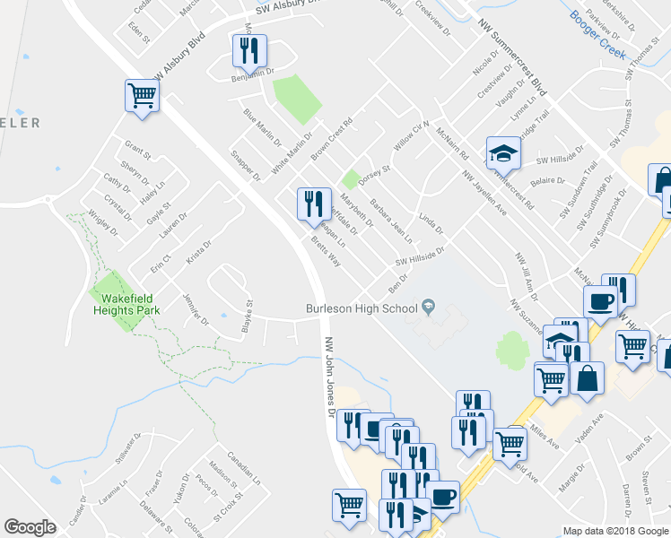 map of restaurants, bars, coffee shops, grocery stores, and more near 501 Bretts Way in Burleson
