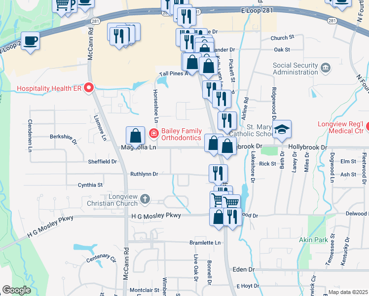 map of restaurants, bars, coffee shops, grocery stores, and more near 202 Magnolia Lane in Longview