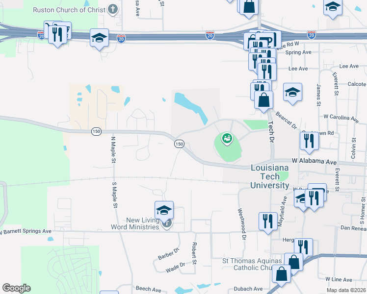 map of restaurants, bars, coffee shops, grocery stores, and more near 1812 West Alabama Avenue in Ruston