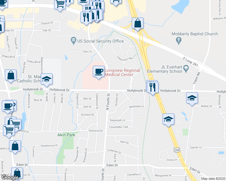 map of restaurants, bars, coffee shops, grocery stores, and more near 974 Hollybrook Drive in Longview