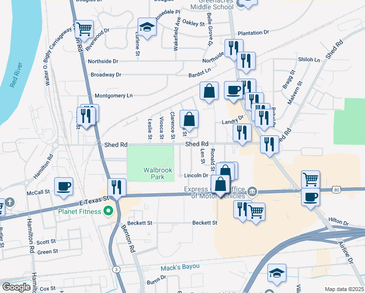 map of restaurants, bars, coffee shops, grocery stores, and more near 1116 Clarence Street in Bossier City