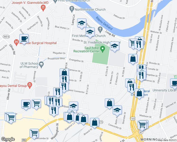 map of restaurants, bars, coffee shops, grocery stores, and more near 9 Cameron Street in Monroe