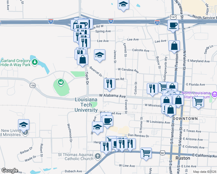 map of restaurants, bars, coffee shops, grocery stores, and more near 409 Cameron Street in Ruston