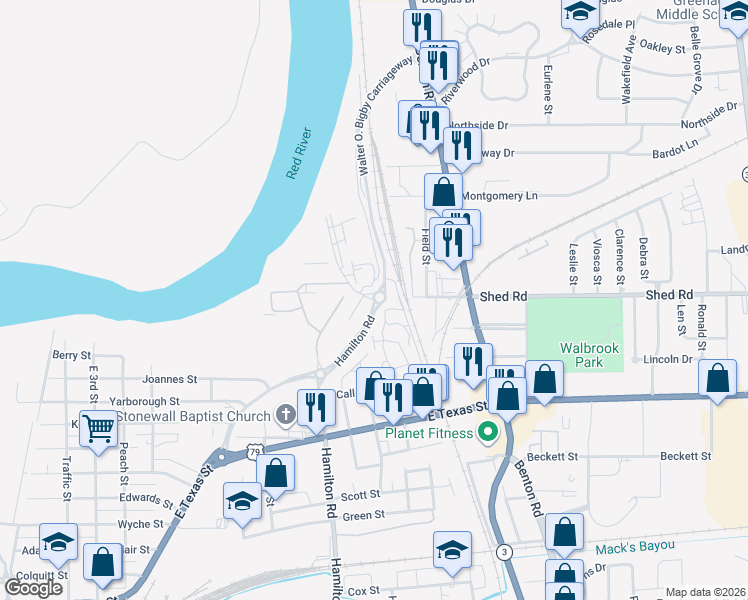 map of restaurants, bars, coffee shops, grocery stores, and more near 2010 Shed Road in Bossier City
