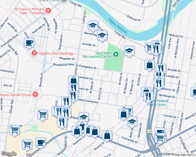 map of restaurants, bars, coffee shops, grocery stores, and more near 3000 Evangeline Street in Monroe