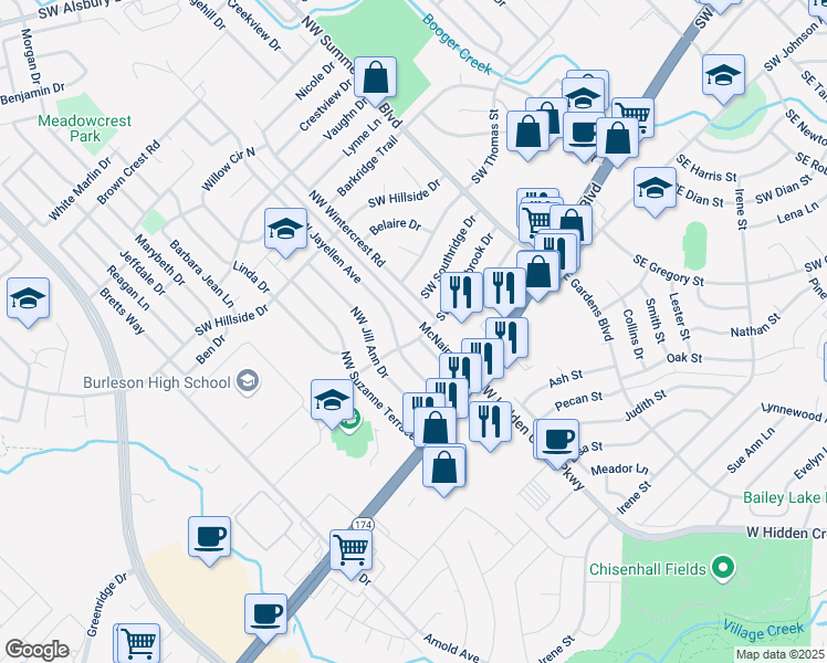 map of restaurants, bars, coffee shops, grocery stores, and more near 900 Southwest Sunnybrook Drive in Burleson