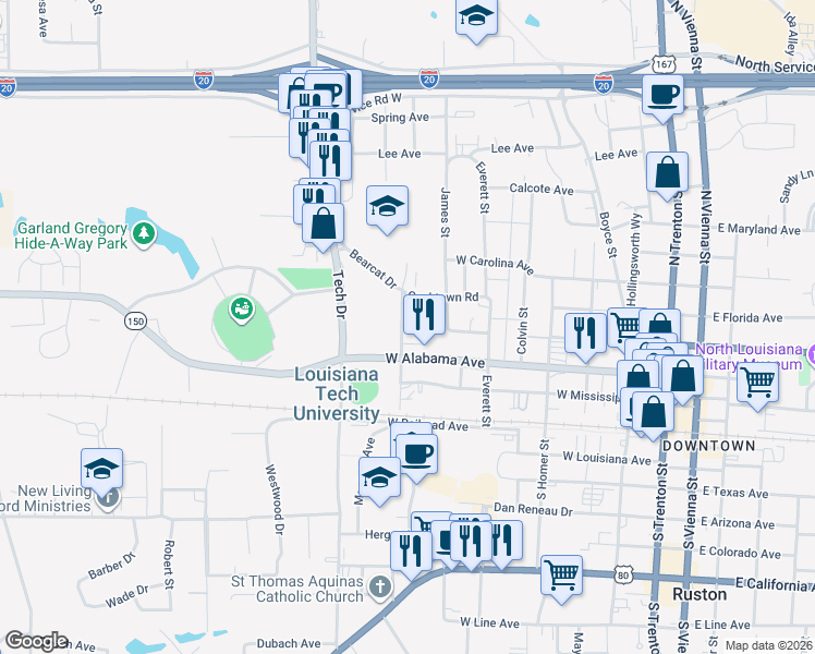 map of restaurants, bars, coffee shops, grocery stores, and more near 409 Cameron Street in Ruston