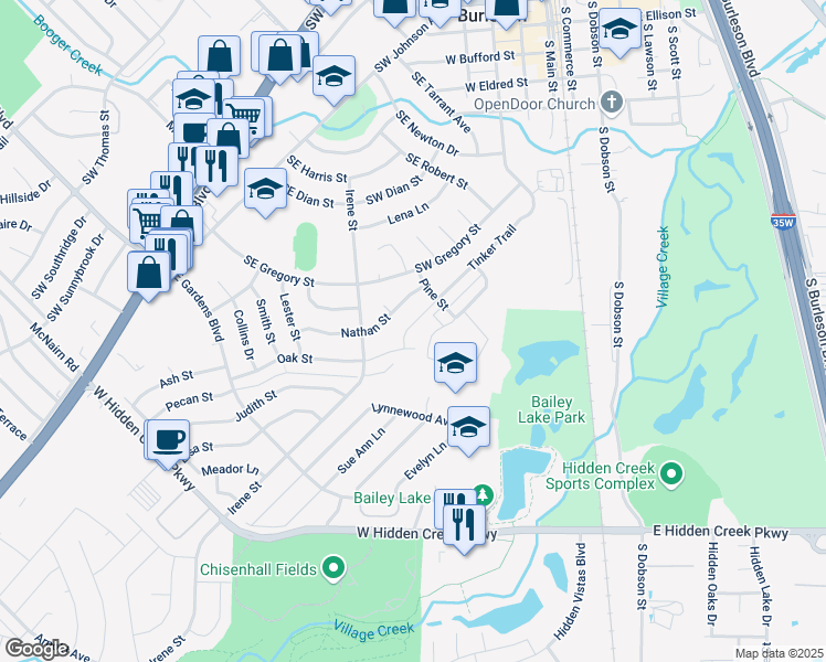 map of restaurants, bars, coffee shops, grocery stores, and more near 421 Tinker Trail in Burleson