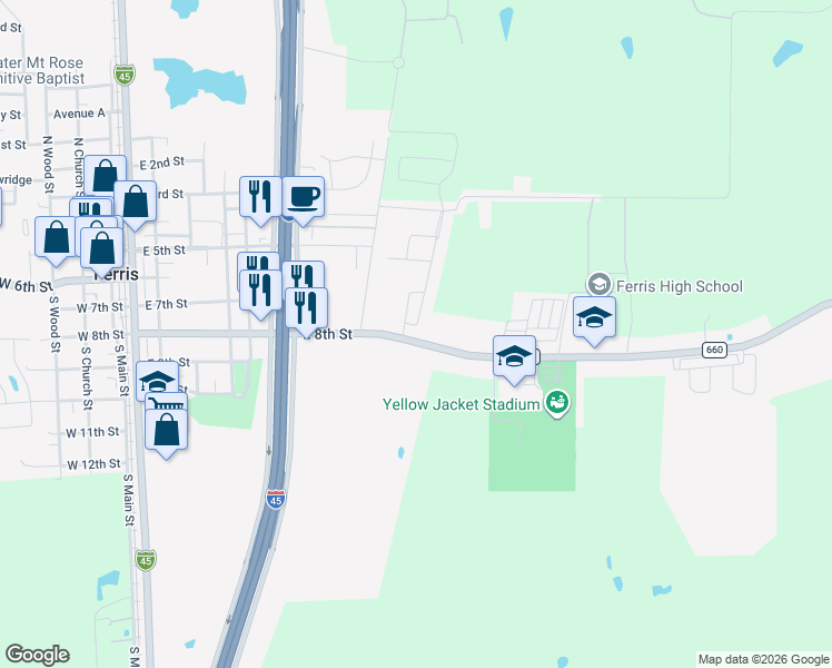 map of restaurants, bars, coffee shops, grocery stores, and more near 102 South Meadow Drive in Ferris