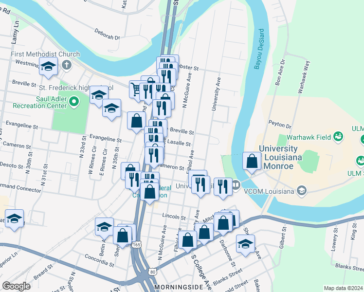 map of restaurants, bars, coffee shops, grocery stores, and more near 1106 North McGuire Avenue in Monroe