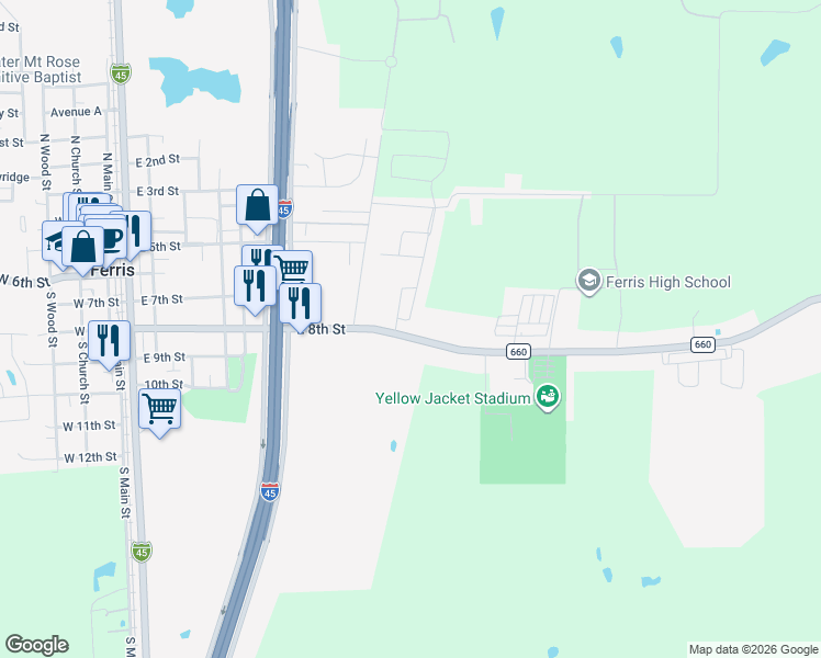 map of restaurants, bars, coffee shops, grocery stores, and more near 102 South Meadow Drive in Ferris