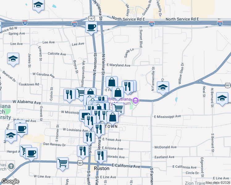 map of restaurants, bars, coffee shops, grocery stores, and more near 206 East Florida Avenue in Ruston