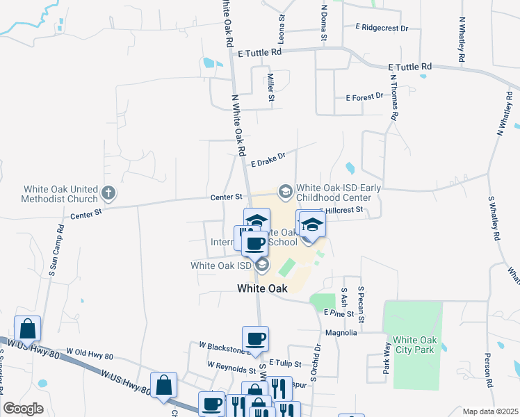 map of restaurants, bars, coffee shops, grocery stores, and more near 200 South White Oak Road in White Oak