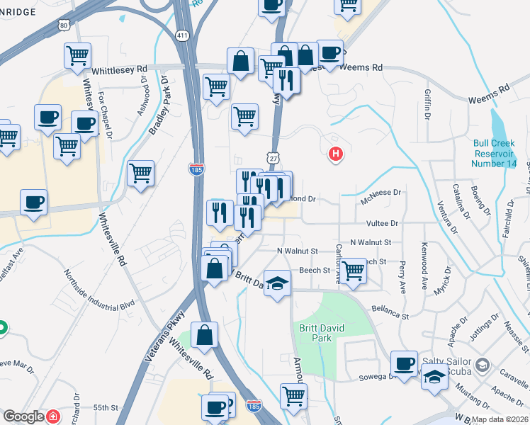 map of restaurants, bars, coffee shops, grocery stores, and more near 6060 Veterans Parkway in Columbus