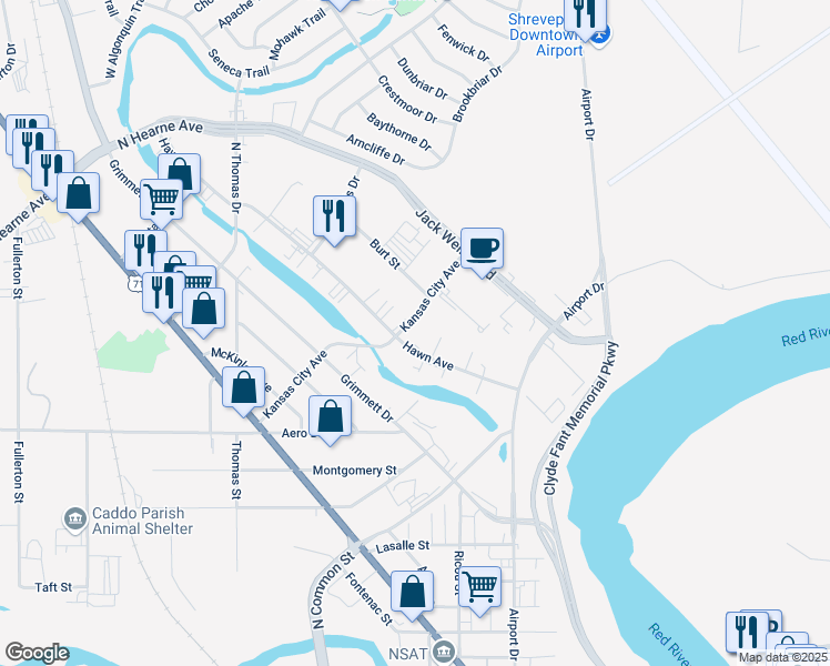 map of restaurants, bars, coffee shops, grocery stores, and more near 1060 Hawn Avenue in Shreveport