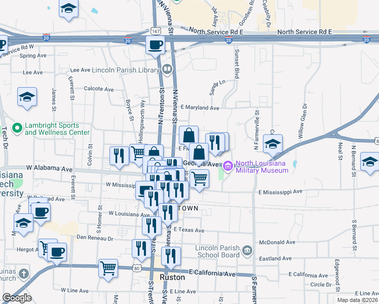 map of restaurants, bars, coffee shops, grocery stores, and more near 410 North Bonner Street in Ruston