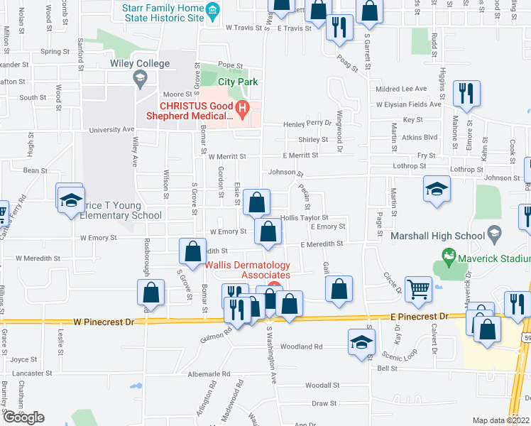 map of restaurants, bars, coffee shops, grocery stores, and more near 1400 South Washington Avenue in Marshall