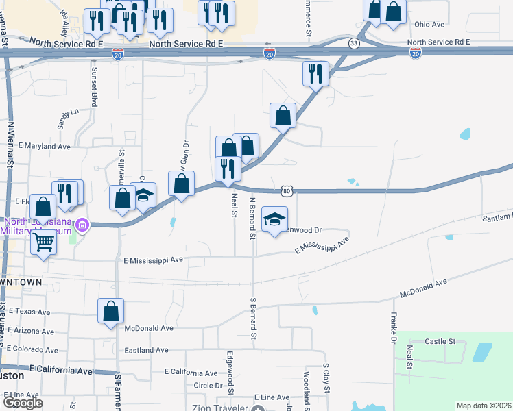 map of restaurants, bars, coffee shops, grocery stores, and more near 310 North Bernard Street in Ruston