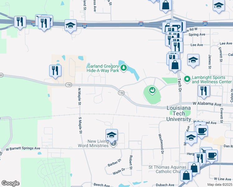 map of restaurants, bars, coffee shops, grocery stores, and more near 1815 West Alabama Avenue in Ruston