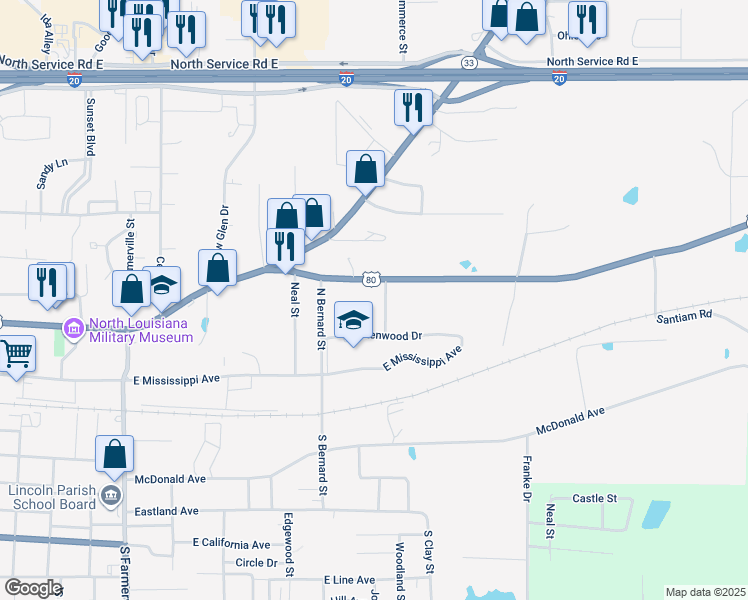 map of restaurants, bars, coffee shops, grocery stores, and more near 1308 East Georgia Avenue in Ruston
