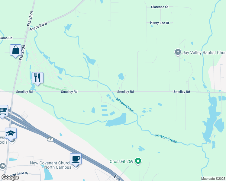 map of restaurants, bars, coffee shops, grocery stores, and more near 3100 Smelley Road in Longview