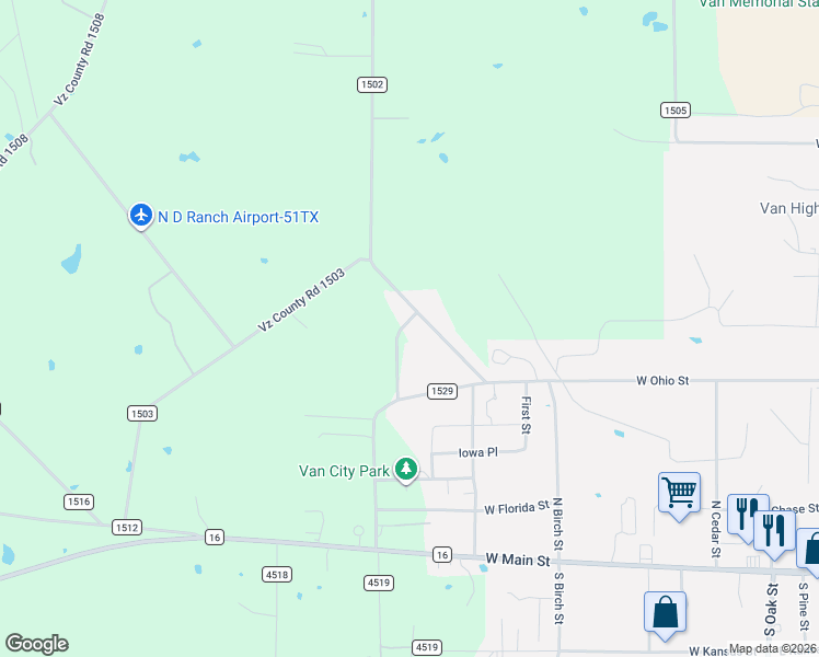 map of restaurants, bars, coffee shops, grocery stores, and more near County Road 1502 in Van