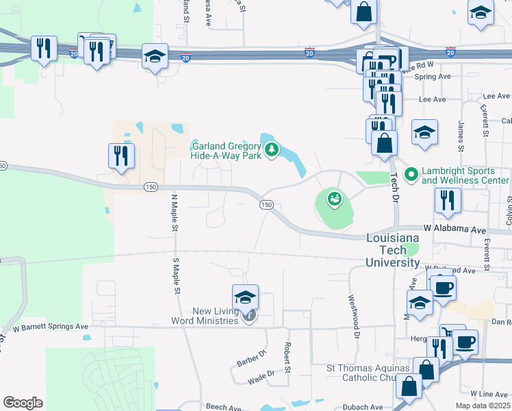 map of restaurants, bars, coffee shops, grocery stores, and more near 1815 West Alabama Avenue in Ruston