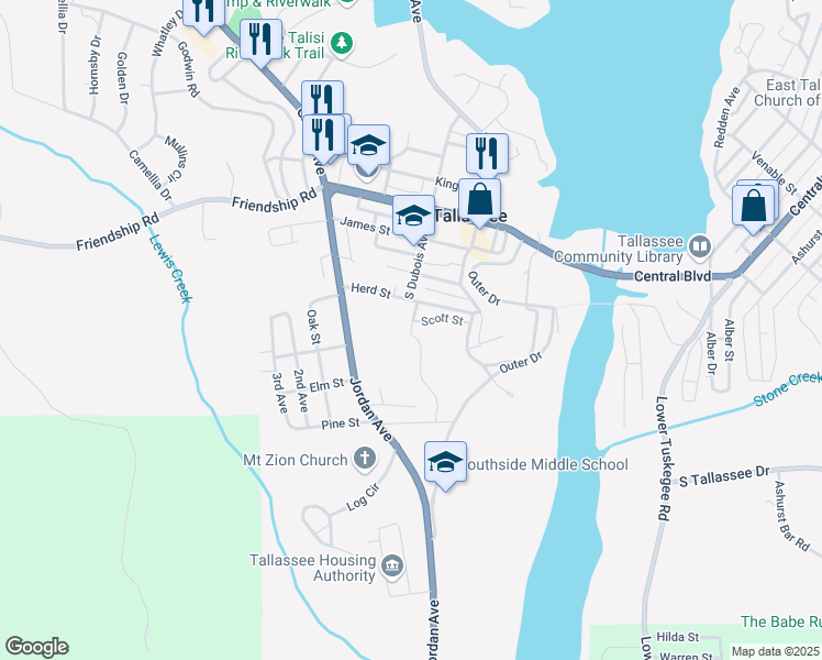 map of restaurants, bars, coffee shops, grocery stores, and more near Dubois Street in Tallassee