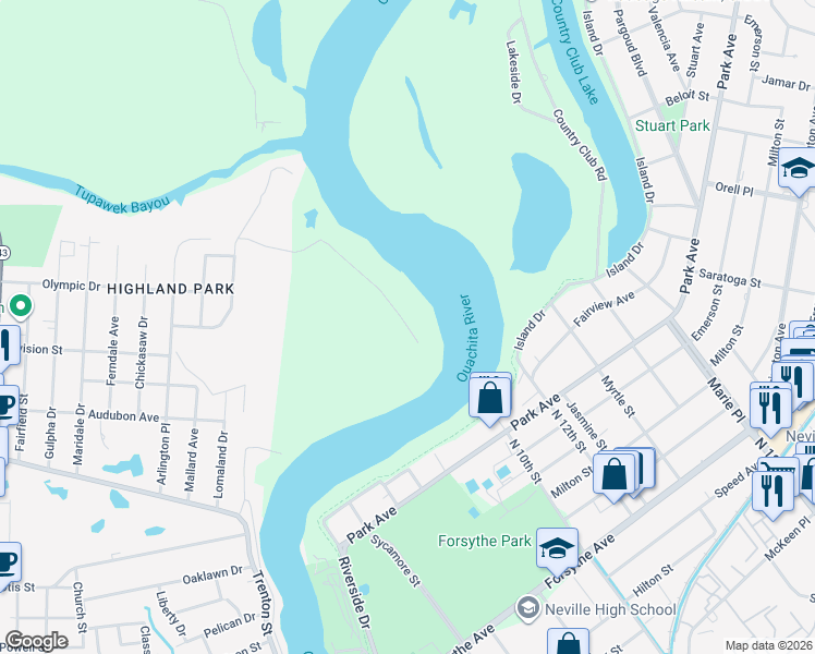 map of restaurants, bars, coffee shops, grocery stores, and more near 343 River Oaks Drive in West Monroe