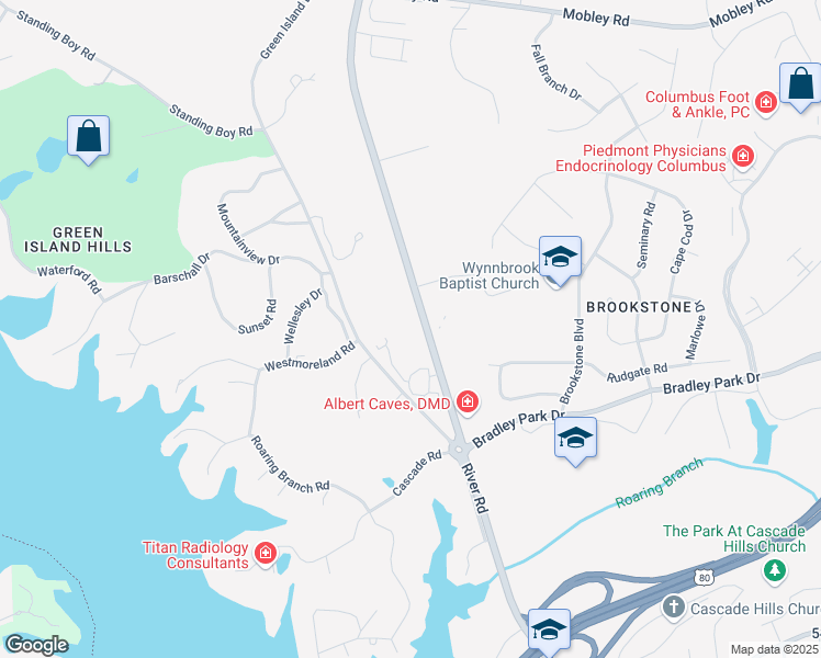 map of restaurants, bars, coffee shops, grocery stores, and more near 6101 River Road in Columbus