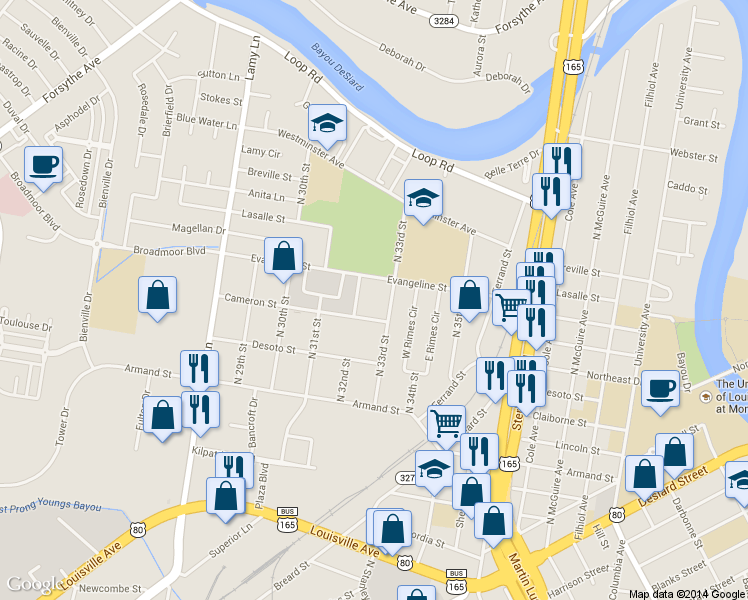 map of restaurants, bars, coffee shops, grocery stores, and more near 909 North 33rd Street in Monroe